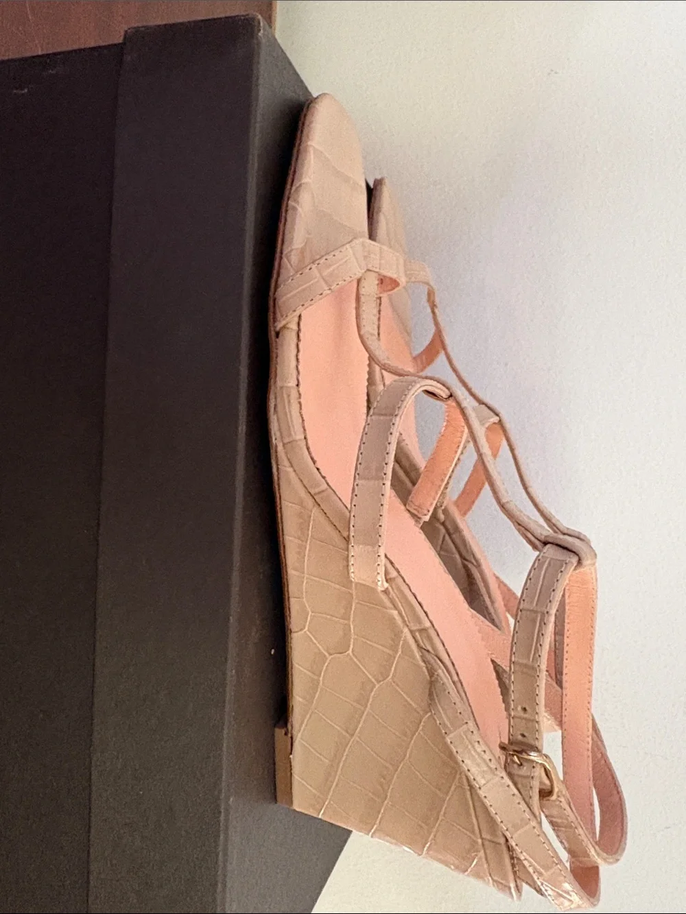 J. Crew Beige Croc-Embossed T-Strap Wedge Sandals
